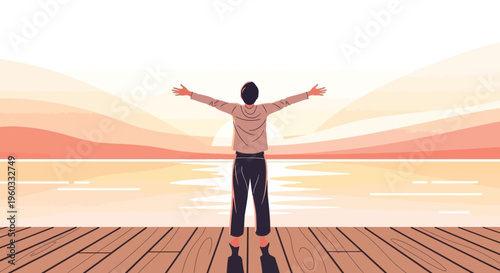 Man With Open Arms Embracing Sunrise Over Calm Ocean Horizon