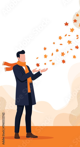 Man With Scarf Tosses Autumn Leaves In A Whimsical Outdoor Scene