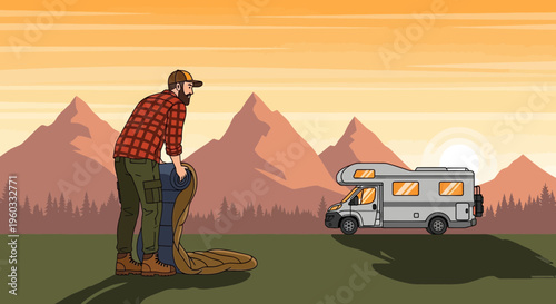Man With Sleeping Bag And Rv In Mountains
