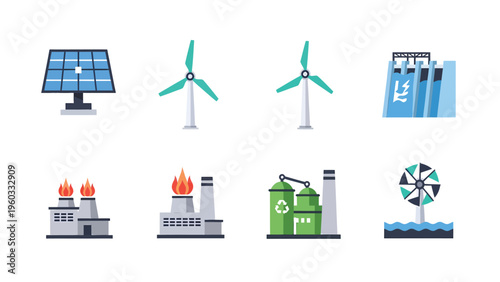 Energy Production Icons: Renewable, Non-Renewable Sources, Industrial Plants, and Green Technology Flat Design Set
