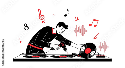 Man With Turntable And Vinyl Records Engaging In Music Creation
