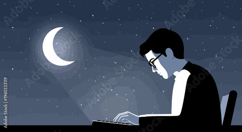Man Working On Laptop Under Crescent Moon And Starry Night Sky