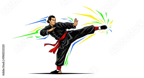 Martial Arts Master Performing Dynamic Kick With Energy Bursts
