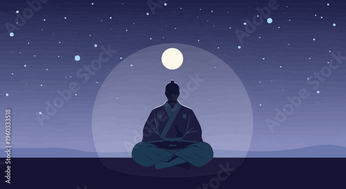 Meditating Samurai Under The Stars And Full Moon Tranquil Night Sky