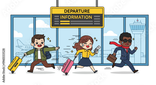 Cartoon illustration of three travelers hurrying with luggage under a departure information sign at an airport terminal with a cityscape background.