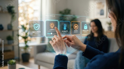 Woman interacting with futuristic smart home interface in living room