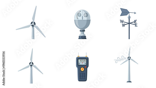 Wind Power & Weather Instruments Set. Renewable energy turbines, anemometer, weathervane, and meteorological devices.