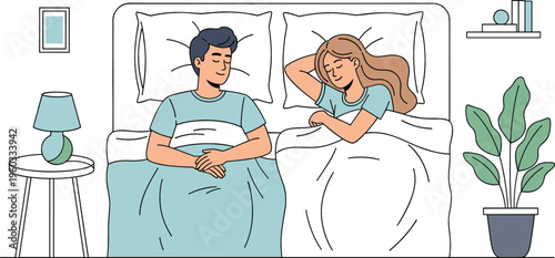 Couple sleeping on separate sides of bed, vector illustration of relationship sleeping habits and personal space concept