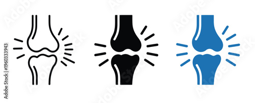 Knee injury and inflammation icon collection, vector illustrations of joint pain, arthritis, and swelling, isolated on white background for healthcare graphics, clinics, and wellness materials.