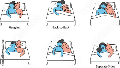 Couple sleeping positions set, vector illustration showing hugging back-to-back and separate sides sleeping styles