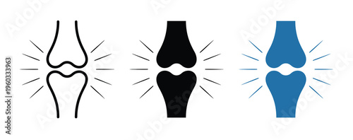 Knee joint pain icon set, vector illustrations representing arthritis, inflammation, or injury in various styles, isolated on white background for medical, healthcare, and educational design projects.