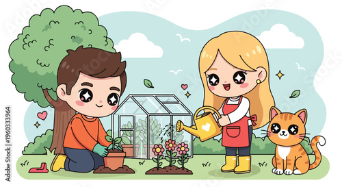 Two children gardening with a cat in a backyard with a greenhouse and tree, conveying a joyful outdoor scene.