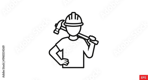 Construction worker with hammer on shoulder, ready for work, wearing helmet and t-shirt.