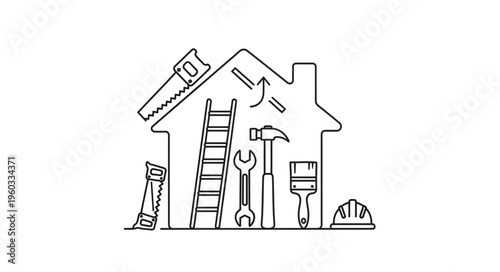 House construction tools outline, representing home improvement and renovation concepts.