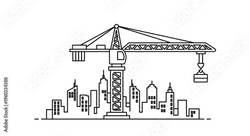Construction crane towering over city skyline, building infrastructure and development.