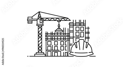 Construction site with crane, building, and safety helmet, work in progress.