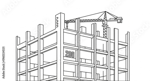 Construction site of a building with a crane, showing the structural framework.