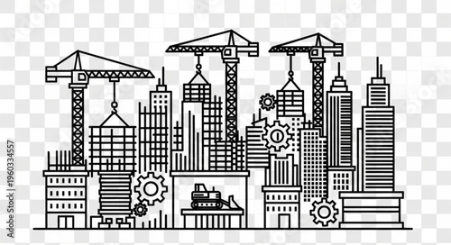 Construction site with cranes and buildings, urban development concept.