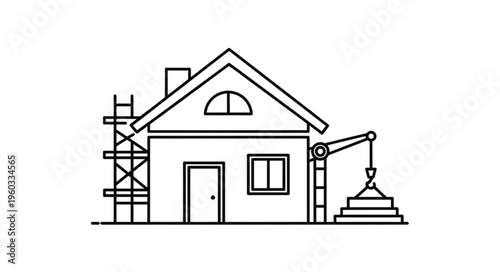 Construction of a new house with scaffolding and a crane, building process.