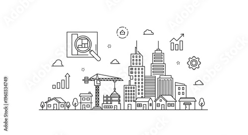 Construction and urban development illustration with buildings and crane.