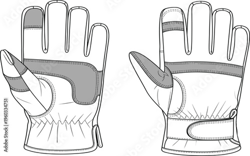 Vector technical sketch of heavy duty work gloves featuring reinforced palm, velcro wrist strap, elastic cuff, front and back view