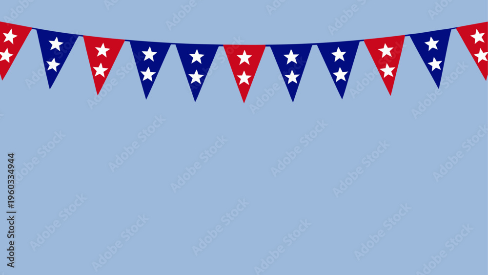 Obraz premium A festive string of triangular bunting flags decorated with white stars in red and blue colors Vector
