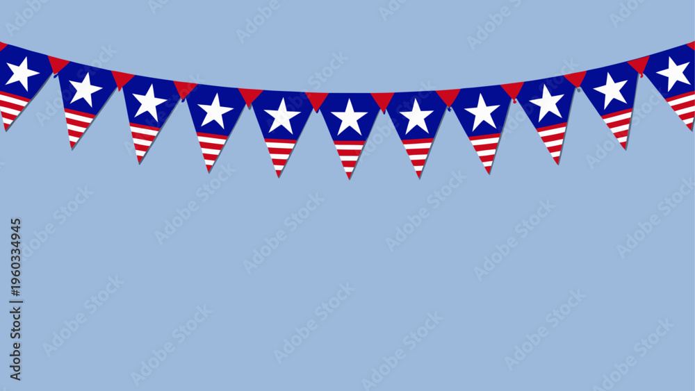 Fototapeta premium A festive string of bunting flags featuring the patriotic red white and blue stars and stripes Vector