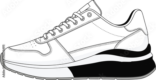 Vector technical sketch of men's casual running sneaker, side view illustration, lace up sports shoe design, rubber sole, footwear drawing.