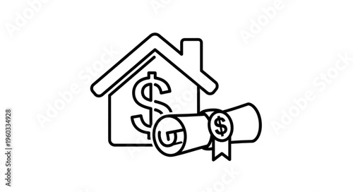 Real estate investment concept with house, dollar sign, and document.