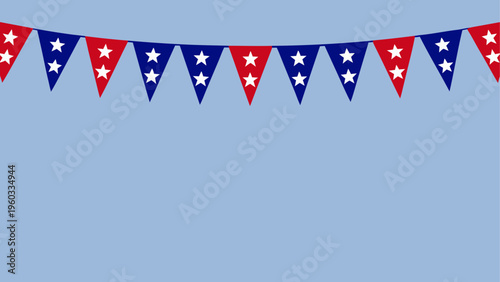 A festive string of triangular bunting flags decorated with white stars in red and blue colors Vector