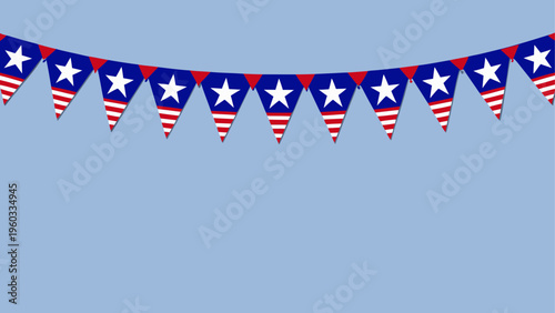 A festive string of bunting flags featuring the patriotic red white and blue stars and stripes Vector