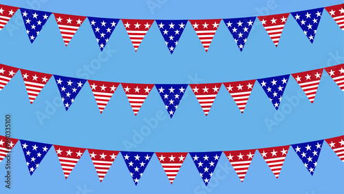 Three rows of hanging triangular bunting flags with red white and blue american flag patterns Vector