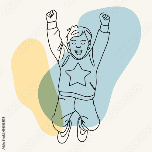 Excited young boy with a star on his sweater jumping for joy with fists raised in a celebration of happiness.
