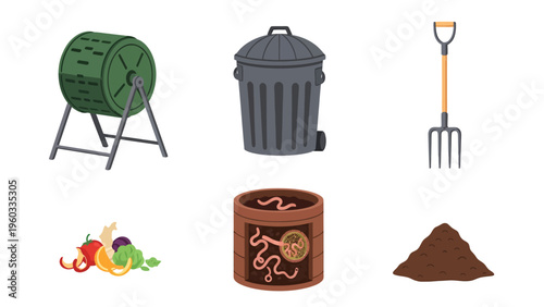 Composting & Waste Management Elements. Organic Recycling Process with Tumbler, Worm Farm, Scraps, Soil, Trash Can & Fork.