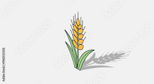 A stylized illustration of a single stalk of wheat with green leaves and a distinct shadow, rendered in a simple, clean graphic style