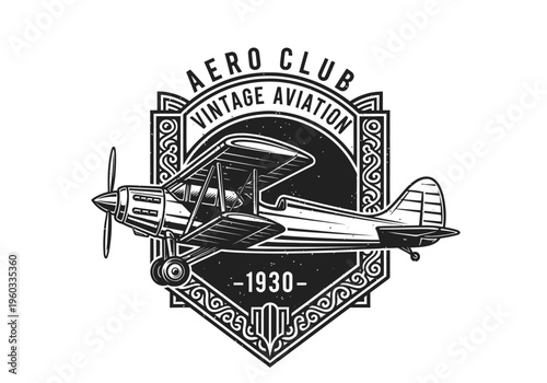 Detailed vintage biplane illustration framed within an elegant ornamental emblem, ideal for retro aviation themes, flight clubs, or historical transport designs