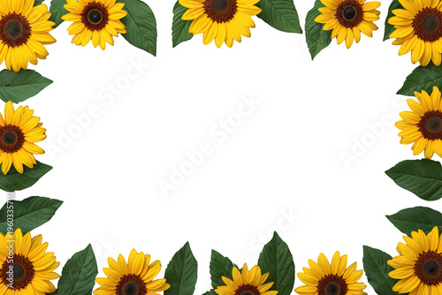 Sunflowers and green leaves creating a floral border frame, bright yellow petals on a transparent background