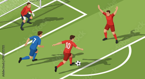 Dynamic isometric vector illustration capturing the intensity of a football match, with players competing fiercely for the ball on a vibrant green field near the goal