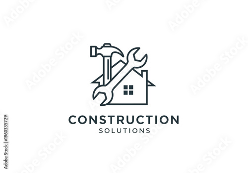 Clean and modern construction solutions logo featuring a house icon with crossed hammer and wrench, ideal for home building, repair, and renovation services