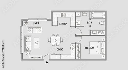 Minimalist Apartment Floor Plan with Living Area, Dining Space, Kitchen, Bedroom, and Bathroom