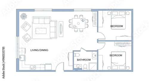 Detailed architectural blueprint illustration showcasing a minimalist two-bedroom apartment layout, featuring defined living, dining, kitchen, and bathroom areas for residential planning