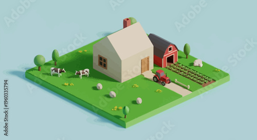 Charming minimalist isometric farm scene showcasing a cozy farmhouse, red barn, tractor, and grazing animals on a lush green field