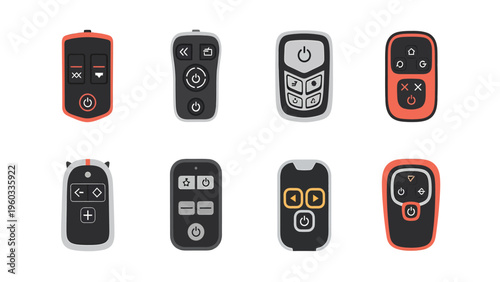 Modern Remote Control Devices Collection. Set of various electronic controllers for gadgets, drones, and smart tech on white.