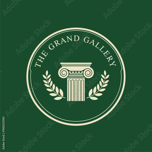 Elegant circular logo featuring a classical column with laurel leaves, symbolizing timelessness and prestige for a gallery or establishment