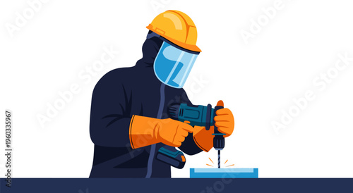 Industrial safety concept vector illustration of a worker in protective gear using a power drill
