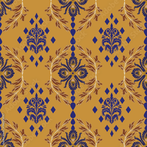 Elegant vintage floral seamless pattern with damask ornaments and decorative leaves in classic style for textile and wallpaper design.