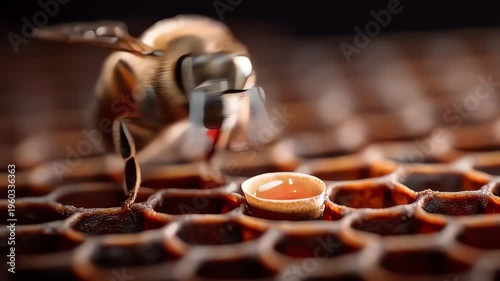 Honey bee drinking nectar on a honeycomb macro view