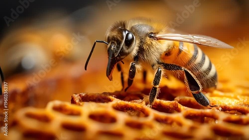 Macro Shot of a Honeybee on a Golden Honeycomb