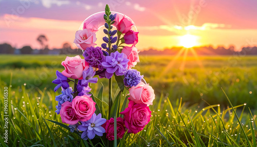 A vibrant bouquet of colorful flowers stands in a lush green field at sunset