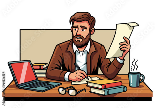 A thoughtful professional working at a desk with a laptop, documents, and books, vector illustration